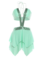 Green Sequin Cut Out Frill Hem Mini Dress