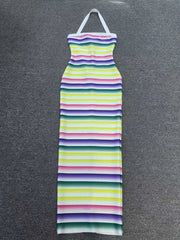 Halter Neck Colorful Striped Bandage Midi Dress