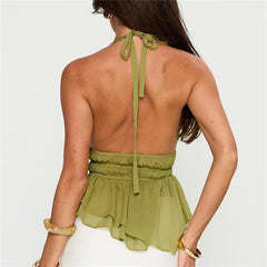Halter Deep V Neck Peplum Backless Top