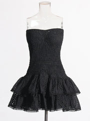 Ruched Strapless Embroidered Frill Mini Dress