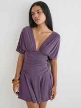 Deep V-neck Short Sleeve Solid Ruched Mini Dress