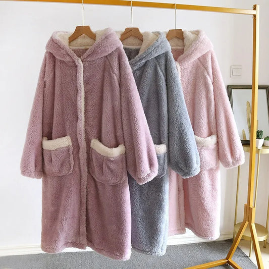 Plush Hooded Flannel Bathrobe Nighgown