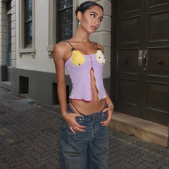 Fruit Embroidery Split Crop Top - Sweet Backless Cami