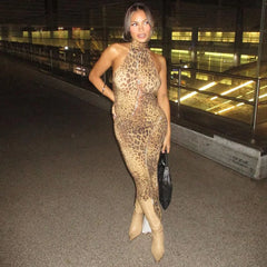 Halter Leopard Open Back Maxi Dress