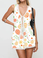 Graphic Print Tie Up Vest and Shorts Set