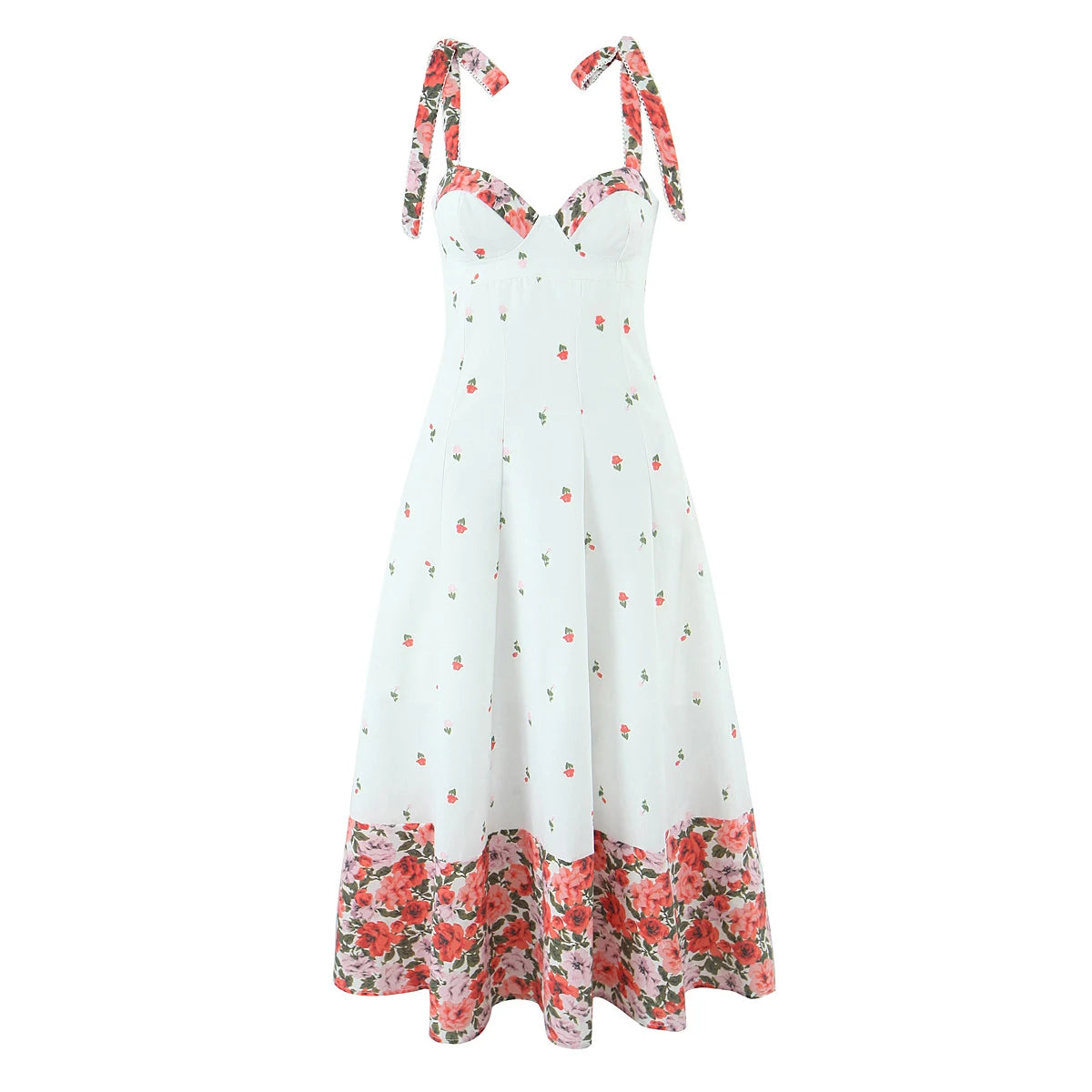 Women's white printed patchwork tie-up maxi dress with floral pattern and V-neck.