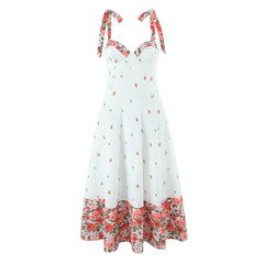 Women's white printed patchwork tie-up maxi dress with floral pattern and V-neck.