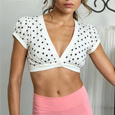 Polka Dot V-Neck Short Sleeve Button Crop Top