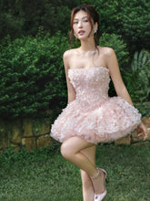 Strapless 3D Flower Appliques Frill Mini Dress