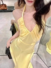 Yellow Satin Back Tie Up Maxi Dress