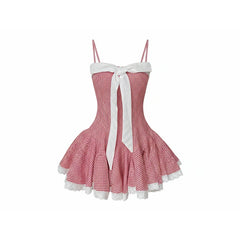 Red Plaid Strappy Bow Mini Dress