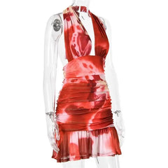 Printed Deep Halter Ruched Pleated Hem Mini Dress