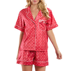 Heart Print Short Sleeve Lapel Neck Shirt with Pocket And Shorts Loungewear Pajamas Set