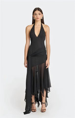 Sheer Halter V Neck Ruffle Pleated Hem Maxi Dress