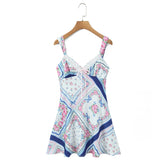Blue Floral Print Lace Bow Mini Sling Dress