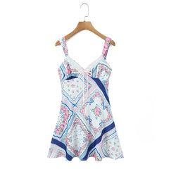 Blue Floral Print Lace Bow Mini Sling Dress