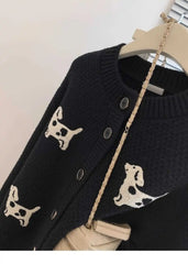 Blue Puppy Round Neck Knit Long Sleeve Cardigan