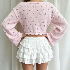 Pink Front Tie Hollow Out Knit Cropped Top
