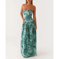 Strapless Dot/Floral Print Pleated Tube Long Dress - A-Line Fit