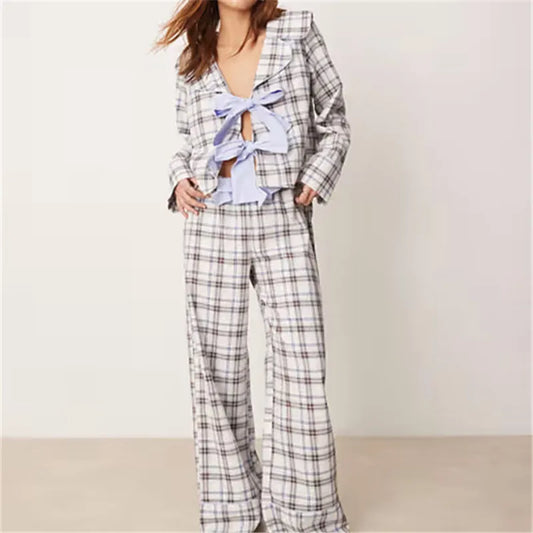 Long Sleeve Bow Tie Front Plaid Tops with Elastic Waist Pants Sleepwear Set
