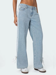 Low Rise Jeans Side Stripe Tie Bow Straight Leg Denim Pants