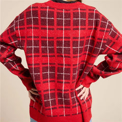 Red Plaid Lace Up Knit Cardigan