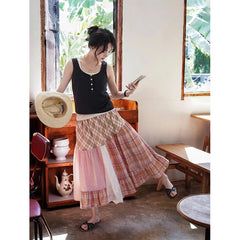 Plaid Patchwork Midi Skirt - Streetwear A-Line