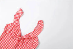 Red Plaid Ruffle V-neck Maxi Dress