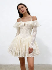 White Off The Shoulder Lace Ruffles Mini Dress