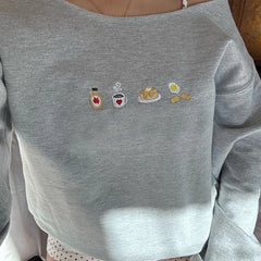 Embroidery Off Shoulder Long Sleeve Pullover