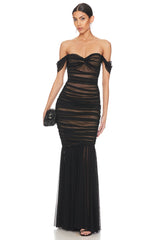 Black Mesh Off-shoulder Pleated Long Dress