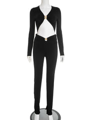 Black Metal Buckle Crop Top And High Waist Pants Set