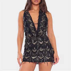 Sequin Fringe Halter Cowl Deep Neck Mini Dress