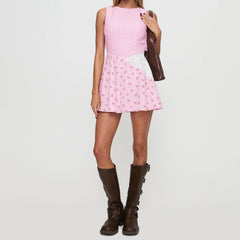 Pink Open Back Tank Plaid Floral Print Mini Dress
