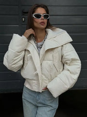 Solid Cropped Collar Button Puff Jacket