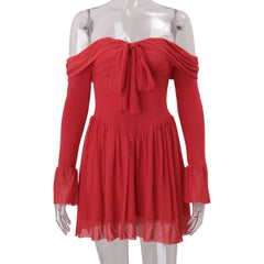 Bow Tie Up Off Shoulder Long Sleeve Short Dress