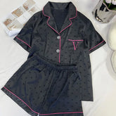 Satin Black V Embroidered Short Sleeve Top And Shorts Pj Set