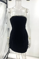 Pearl Strap Velvet Black Mini Dress