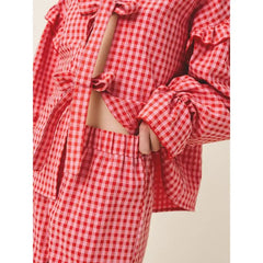 Red Plaid Bow-Tied Top with Ruffled Flare Long Pants Set