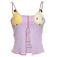 Fruit Embroidery Split Crop Top - Sweet Backless Cami