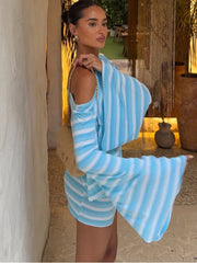 Off Shoulder Long Sleeve Striped Print Backless Hollow Out Mini Dress