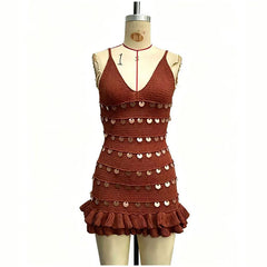 Layered Sequin Ruffle Hem Spaghetti Strap Knitted Mini Dress
