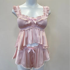 Satin Ruffle Strap Babydoll Top And Shorts Sleepwear Set