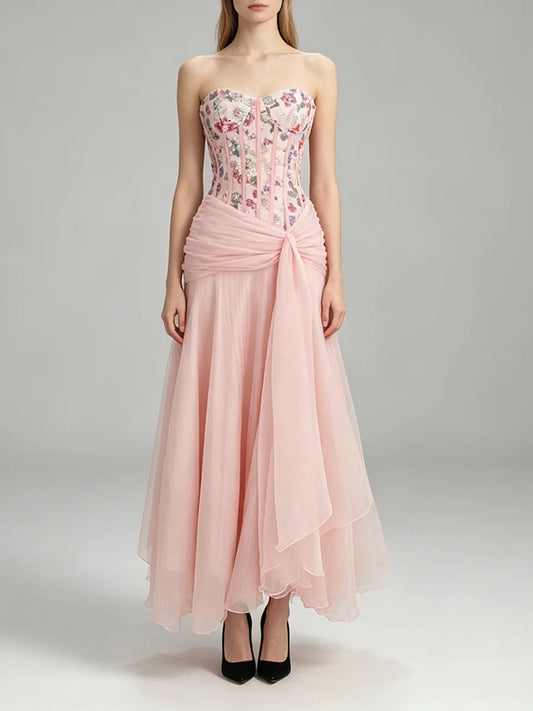Floral Sequin Corset Waist Draped Midi Dress