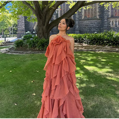 Flower Ruffles Halter Long Dress