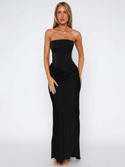 Satin Strapless Lace Up Corset Maxi Dress