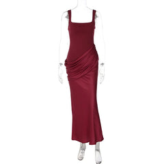 Square Neck Sleeveless Satin Waist Ruched Mermaid Maxi Dress