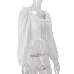White Lace Up Tie Front Lantern Sleeve Top