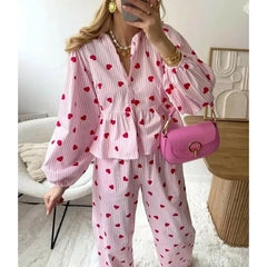 Heart Print Long Sleeve Button Down Babydoll Shirt with Pants Loungewear Set
