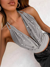 Grey Buttoned Beaded Cowl Deep Neck Tie Up Backless Top